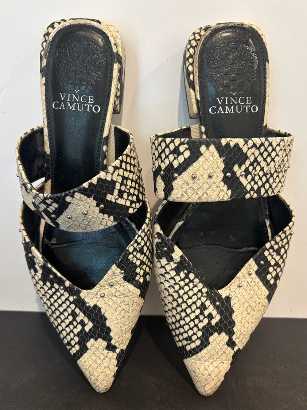 Vince Camuto Black and Cream Snake-Print Pointed Mules sz 7